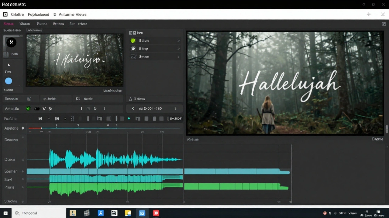 Split-screen showing Adobe Premiere editing timeline and final lyric video with misty forest background.