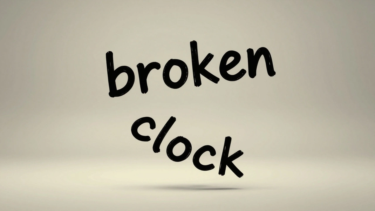 The word 'broken' trembles as 'clock' spirals downward in empty space, evoking emotion.