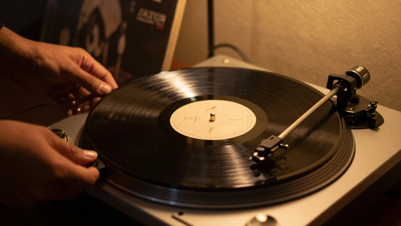 Vinyl record spinning on turntable in a cozy listening room.