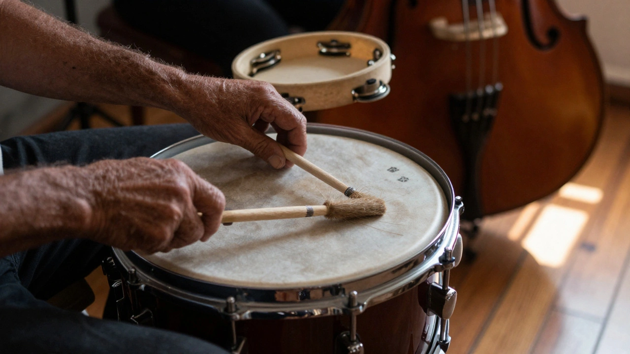 Weathered hands playing a slow 12/8 drum shuffle with brushes and tambourine, sunlight catching dust in a wooden church.