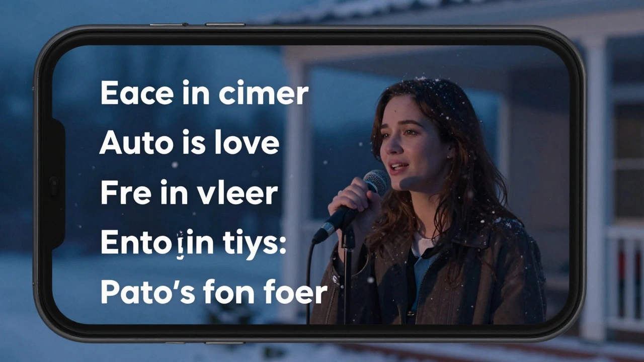 Woman singing on her porch as CapCut displays synchronized lyrics with snowfall background on smartphone screen.