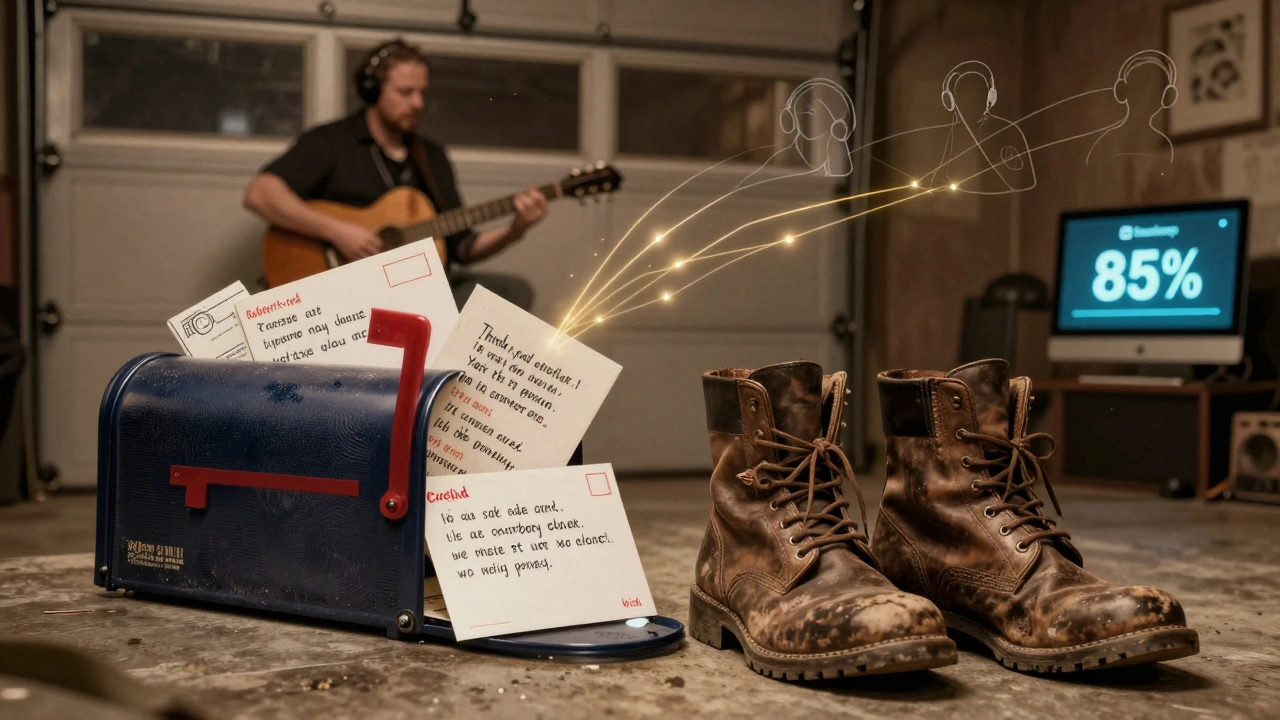 Worn boots beside a mailbox full of lyric postcards, with a garage window showing a guitarist in the background.