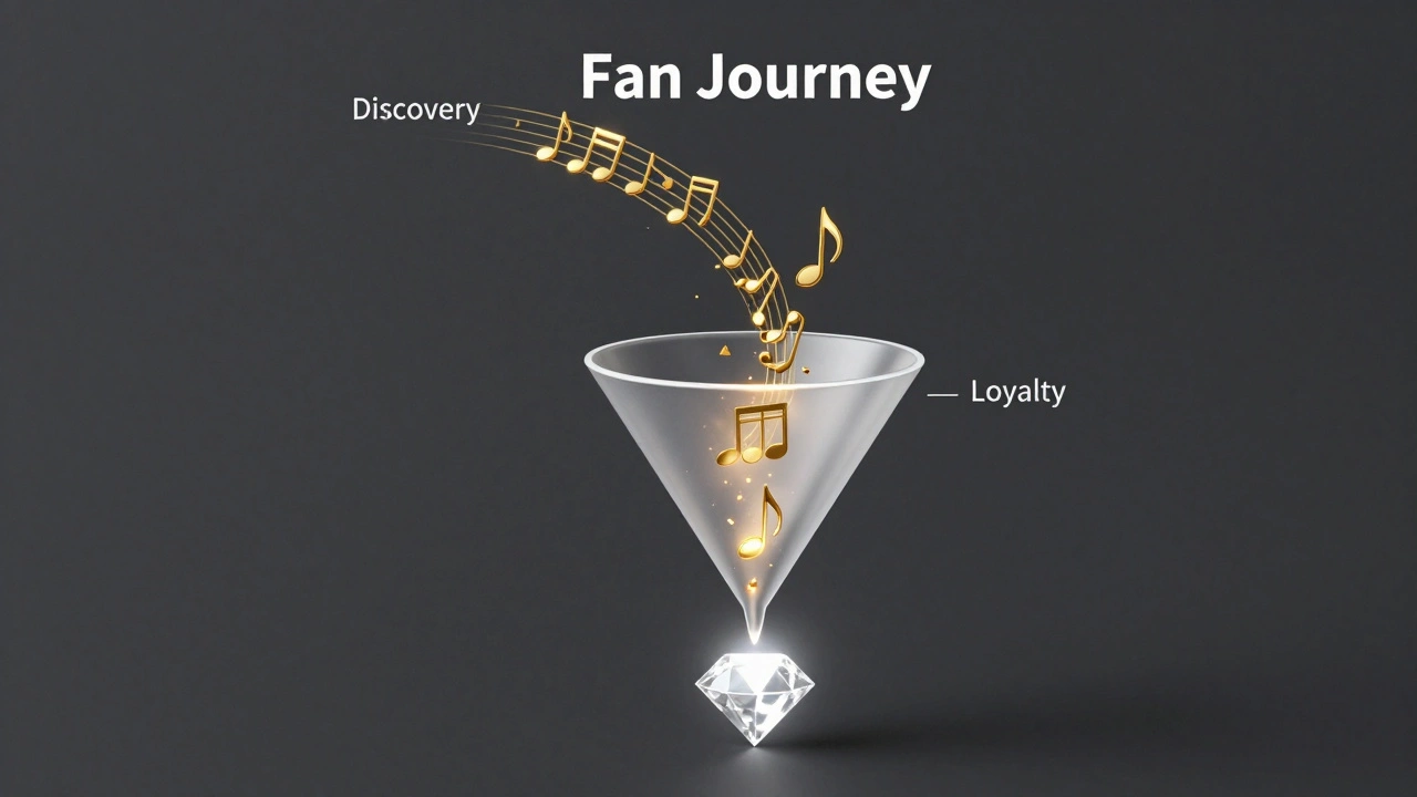 A 3D conceptual funnel showing the transition from music discovery to fan loyalty