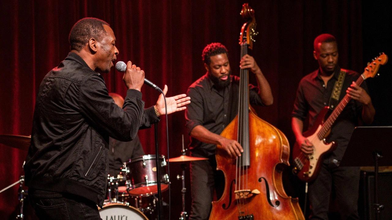 A blues band performing a high-energy song with the leader gesturing to a soloist.