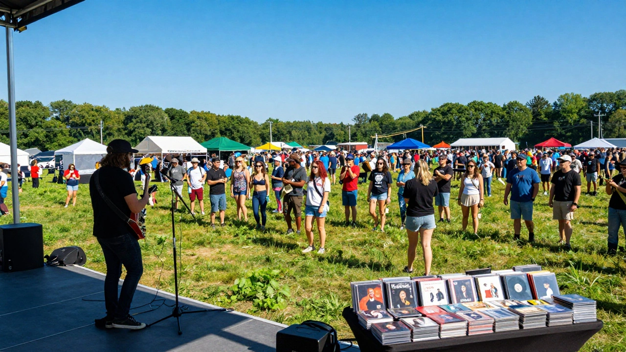 A crowded outdoor blues festival in a sunny field with a band performing and vinyl for sale.