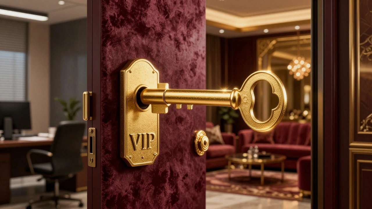 A golden key unlocking a glowing door to an exclusive, luxurious VIP lounge.