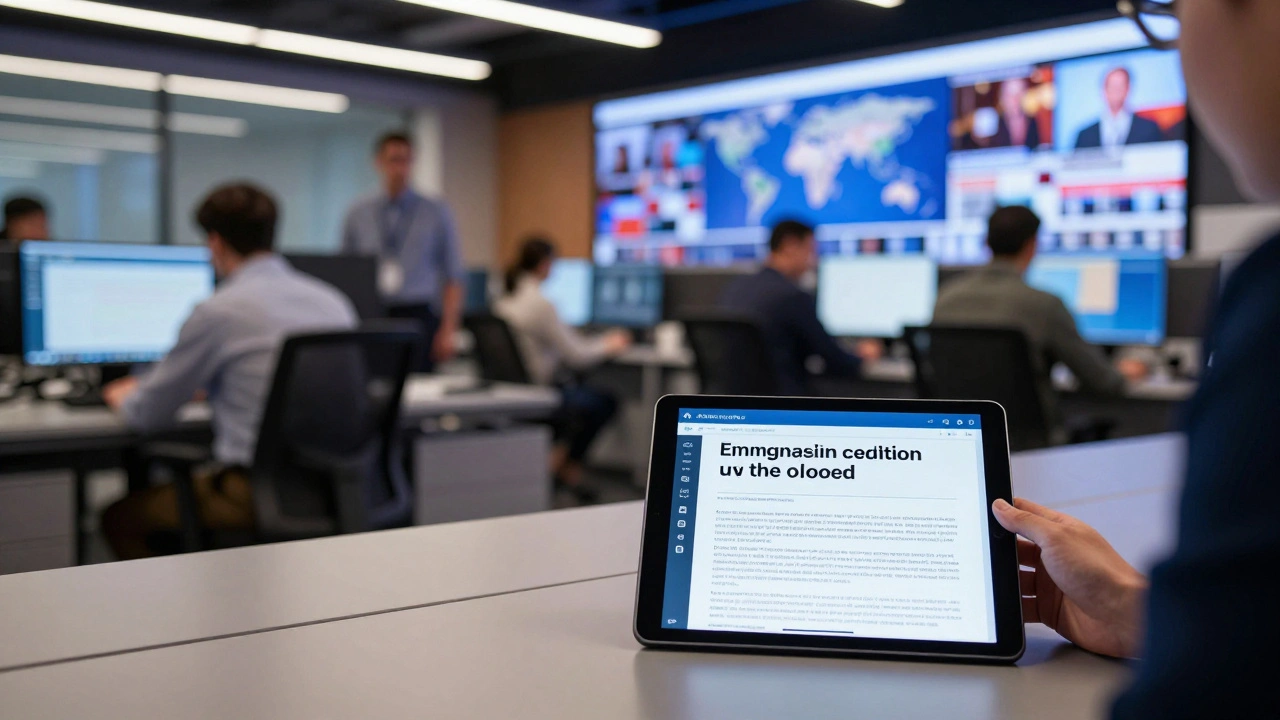 A journalist reviewing a structured press release in a busy, modern newsroom.