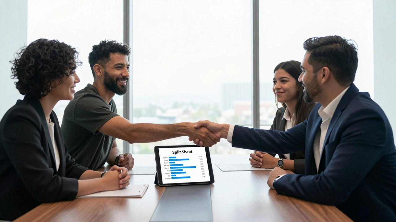 A lawyer and two musicians shaking hands over a royalty split sheet