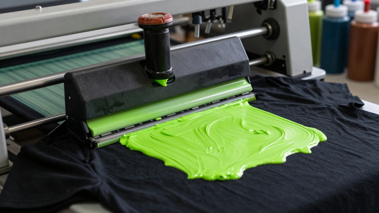 A squeegee applying vibrant neon green ink to a black t-shirt.