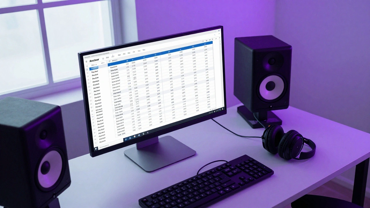 A studio monitor showing a metadata spreadsheet for music tagging next to studio headphones.