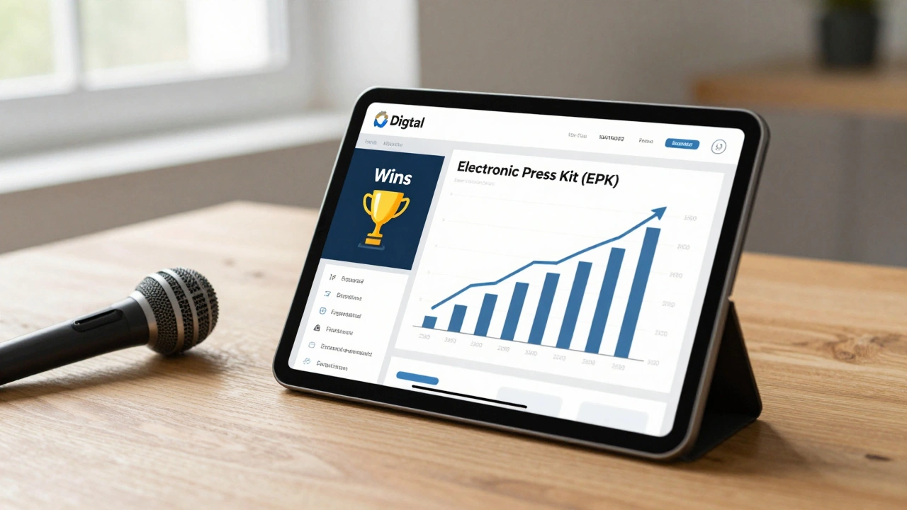 A tablet displaying a professional music EPK with growth charts and a vintage microphone.