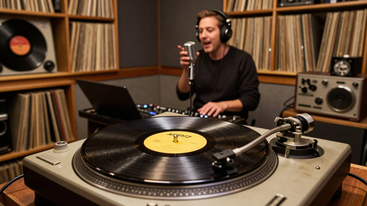 A vintage community radio studio with a vinyl record spinning on a turntable.