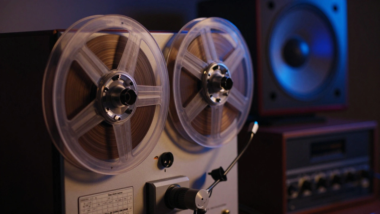 A vintage tape machine and modern studio equipment blending analog and digital styles