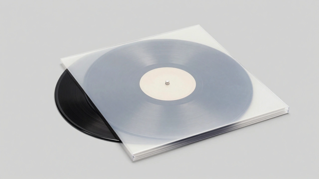 A vinyl record being placed into a protective anti-static sleeve