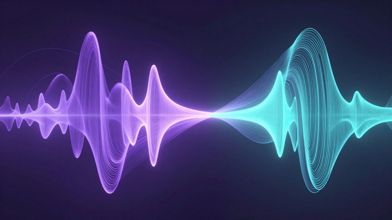 Abstract glowing waveforms merging into a single beam of light.