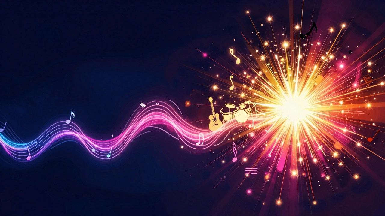 Abstract illustration of a musical energy wave transitioning from blue to explosive gold and orange