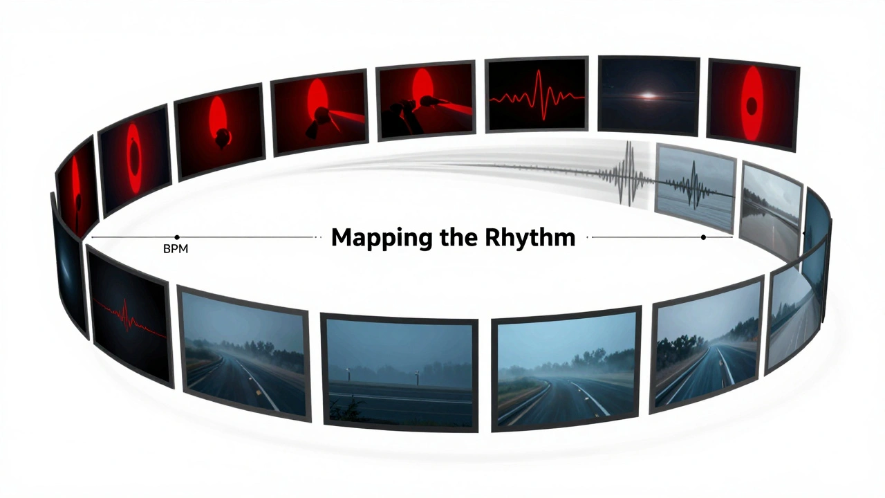 Abstract illustration of storyboard frames following a musical waveform rhythm