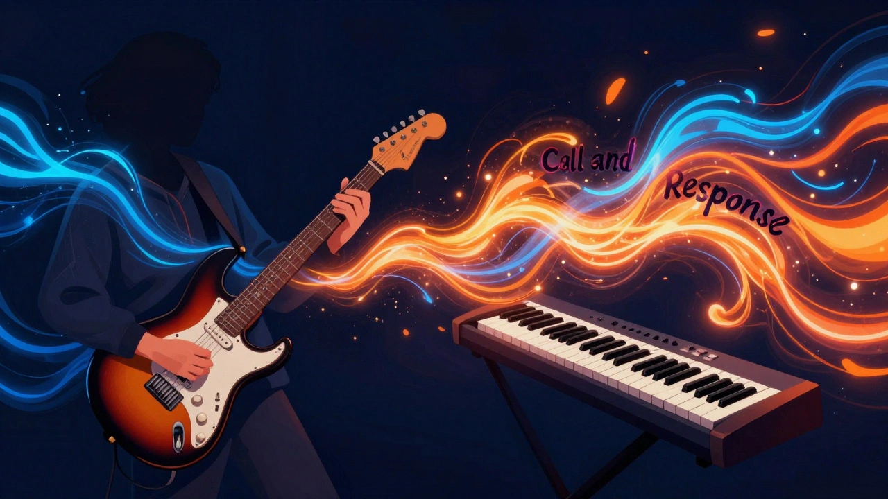 Abstract visualization of musical dialogue between a guitar and keyboard