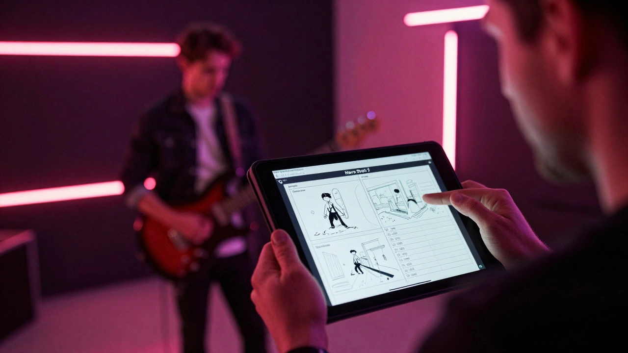 Cinematographer checking a digital storyboard template on a neon-lit film set