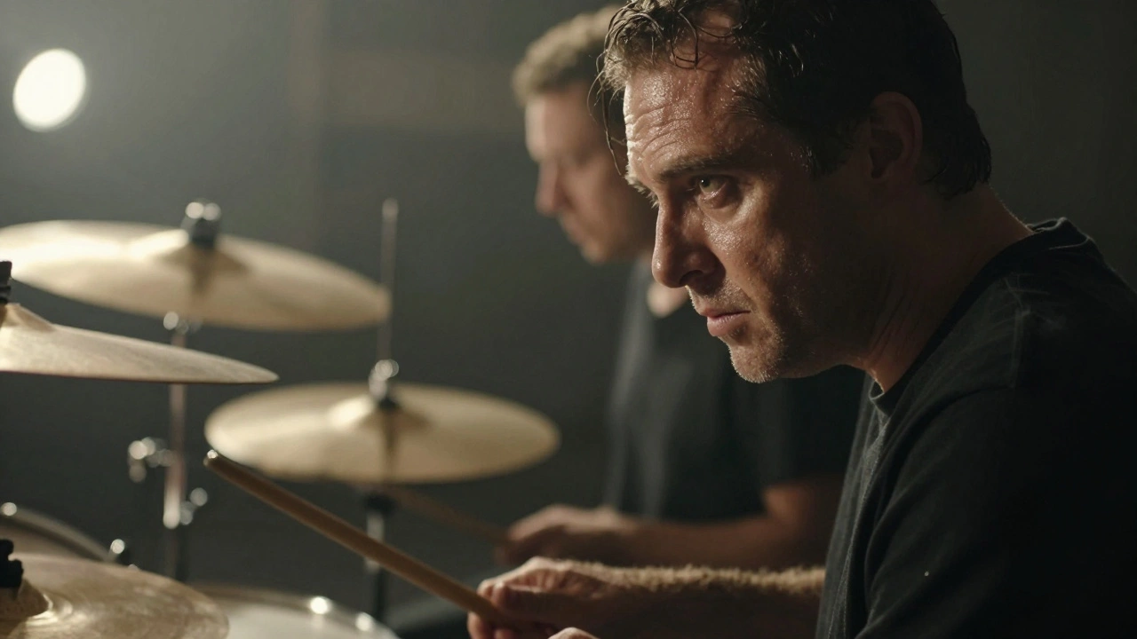 Close-up of a bandleader and drummer sharing intense eye contact and a non-verbal cue on stage.