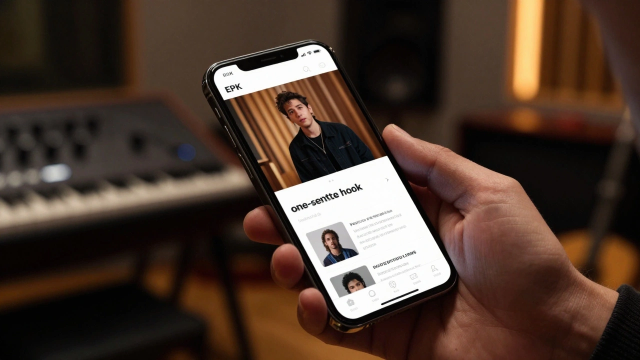 Close-up of a hand scrolling through a professional music press kit on a smartphone.