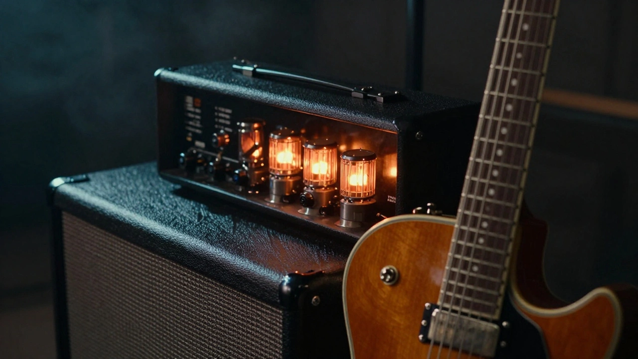 Close-up of a semi-hollow body guitar and a glowing tube amplifier in a dim studio