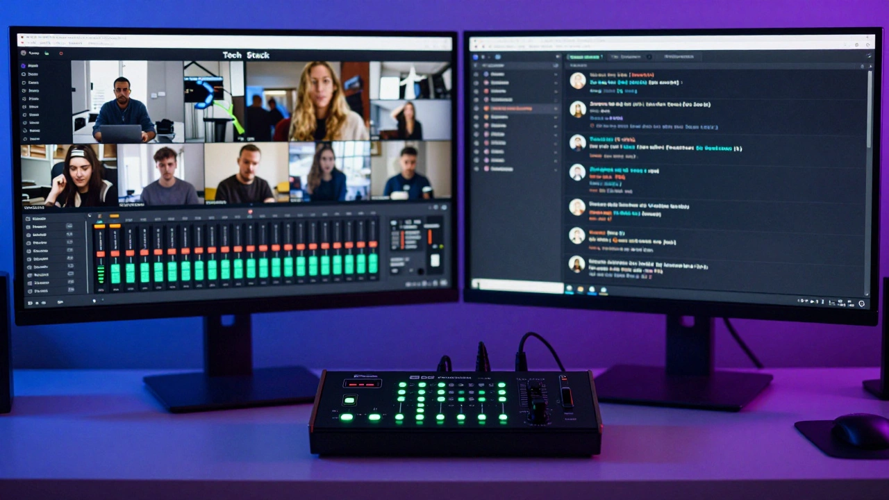 Close-up of a streaming setup with OBS software on monitors and an audio interface