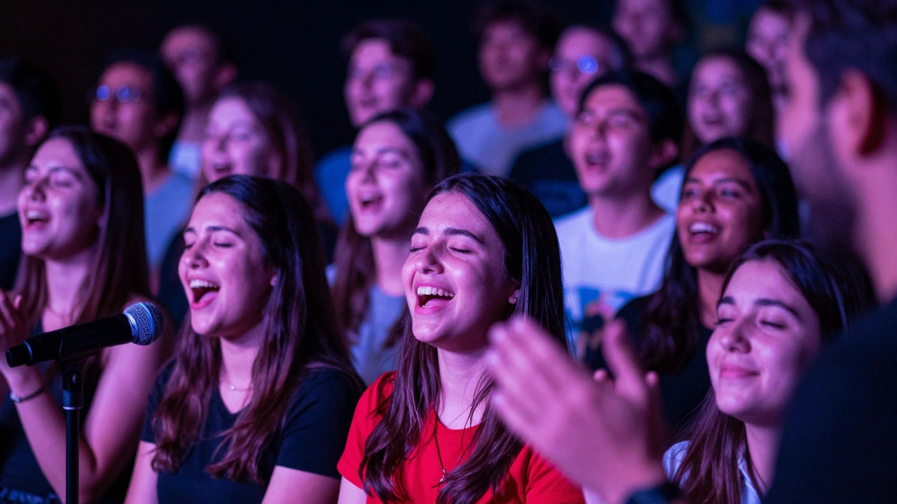 Close-up of an emotional audience singing along during a concert finale with colorful lighting