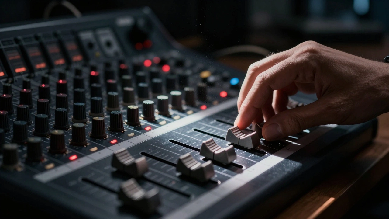 Close up of hand adjusting gain fader on mixing console.