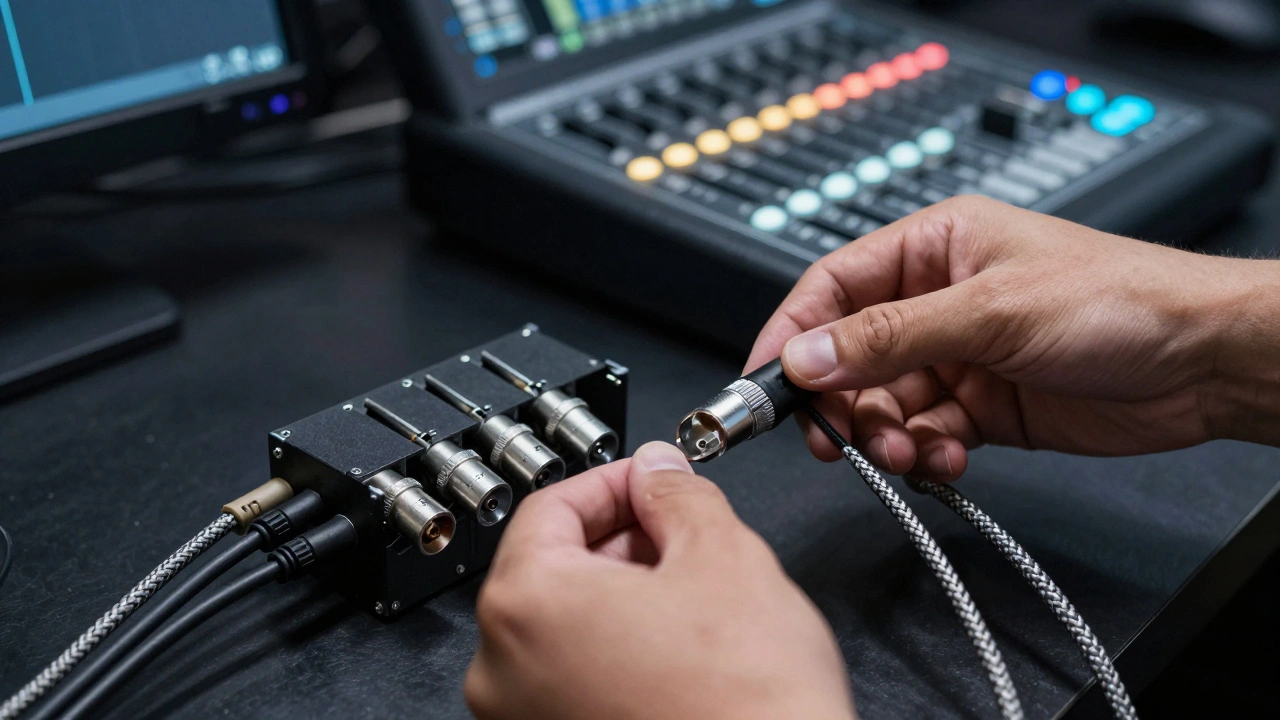Close-up of professional audio cables and equipment being organized on a dark stage.