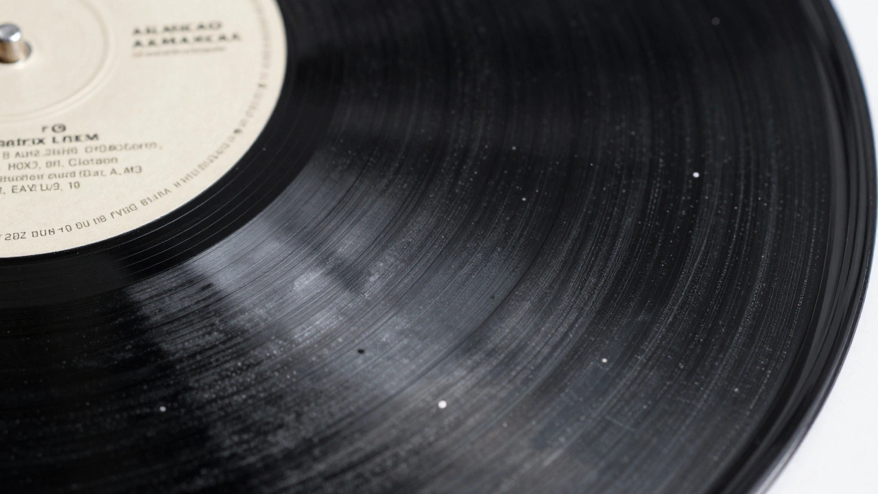 Close-up of the etched matrix runout code on a black vinyl record