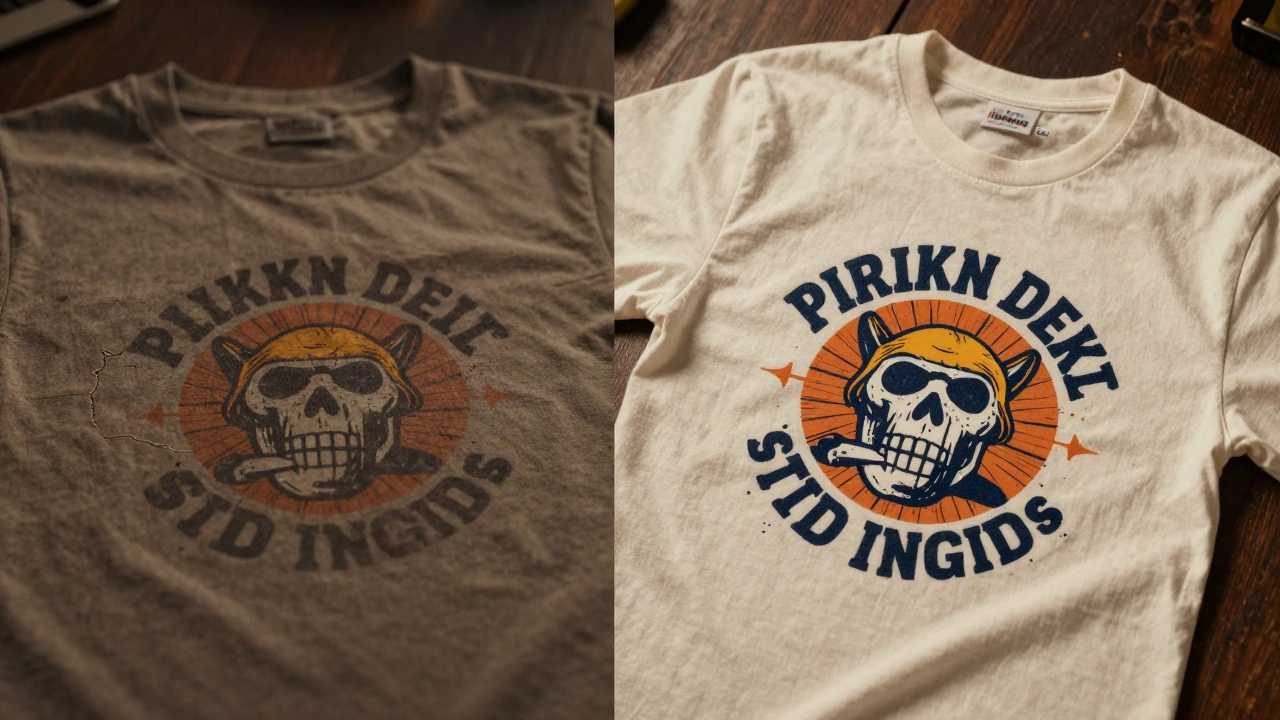 Comparison of a cracked graphic print and a high-quality professional t-shirt.