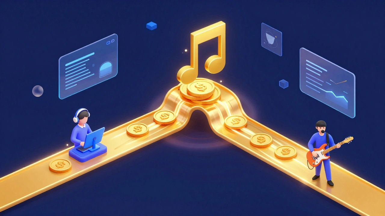 Conceptual 3D illustration of music royalties splitting automatically to different artists