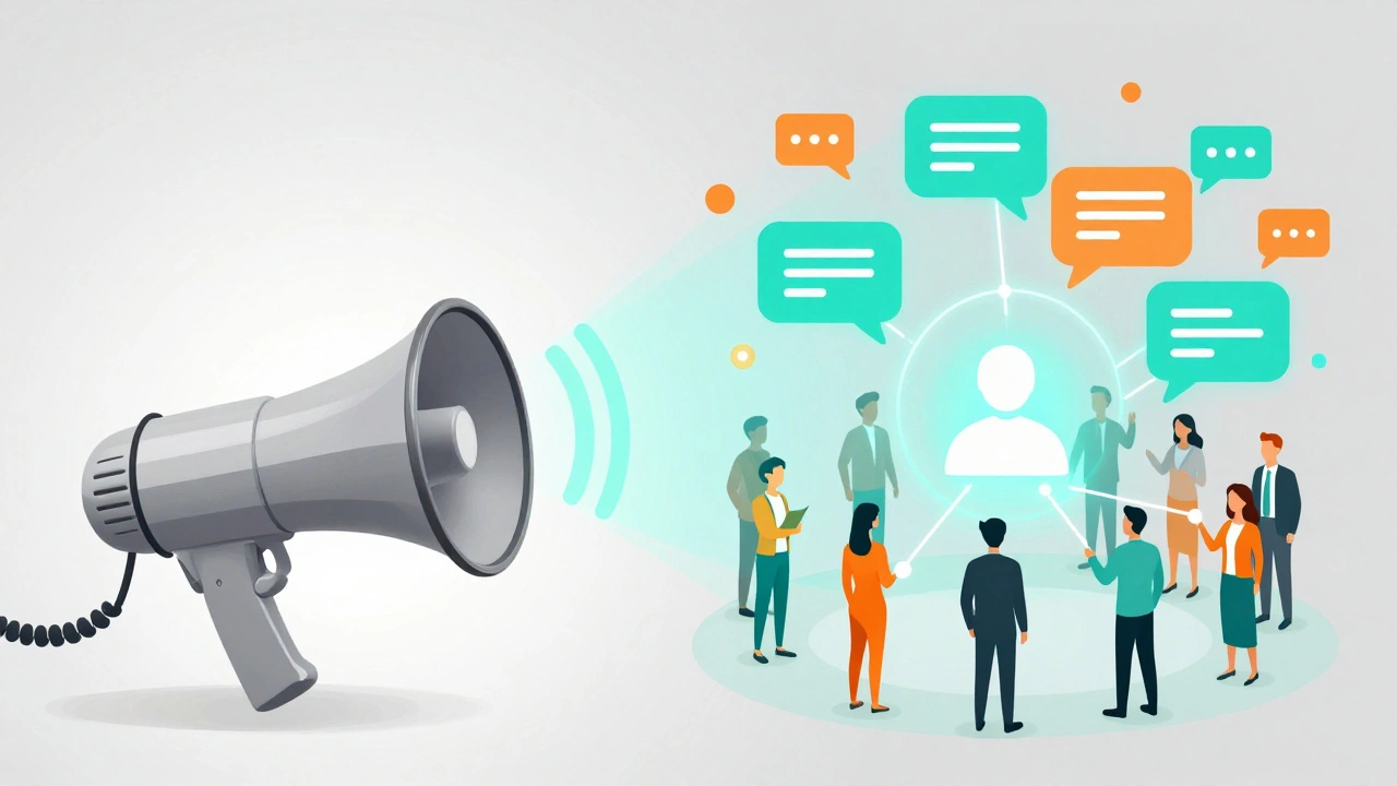 Conceptual art showing a megaphone transforming into a network of conversations.