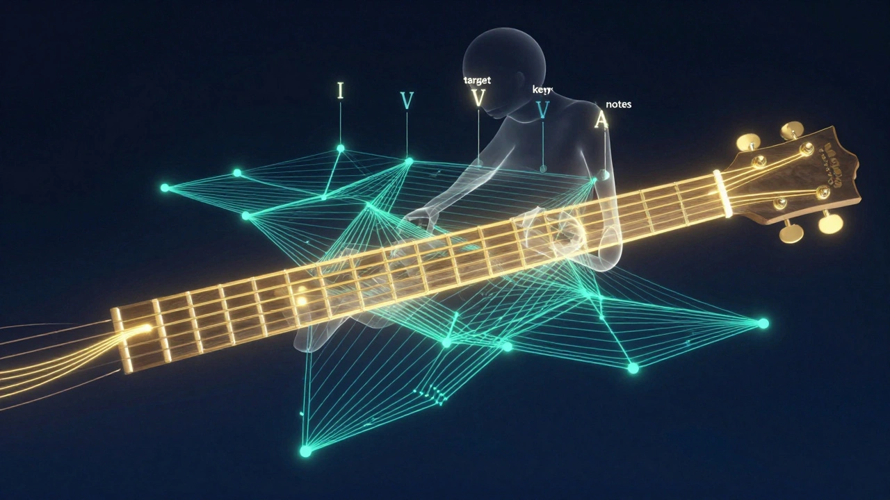 Conceptual glowing map of a guitar fretboard showing blues chord target notes