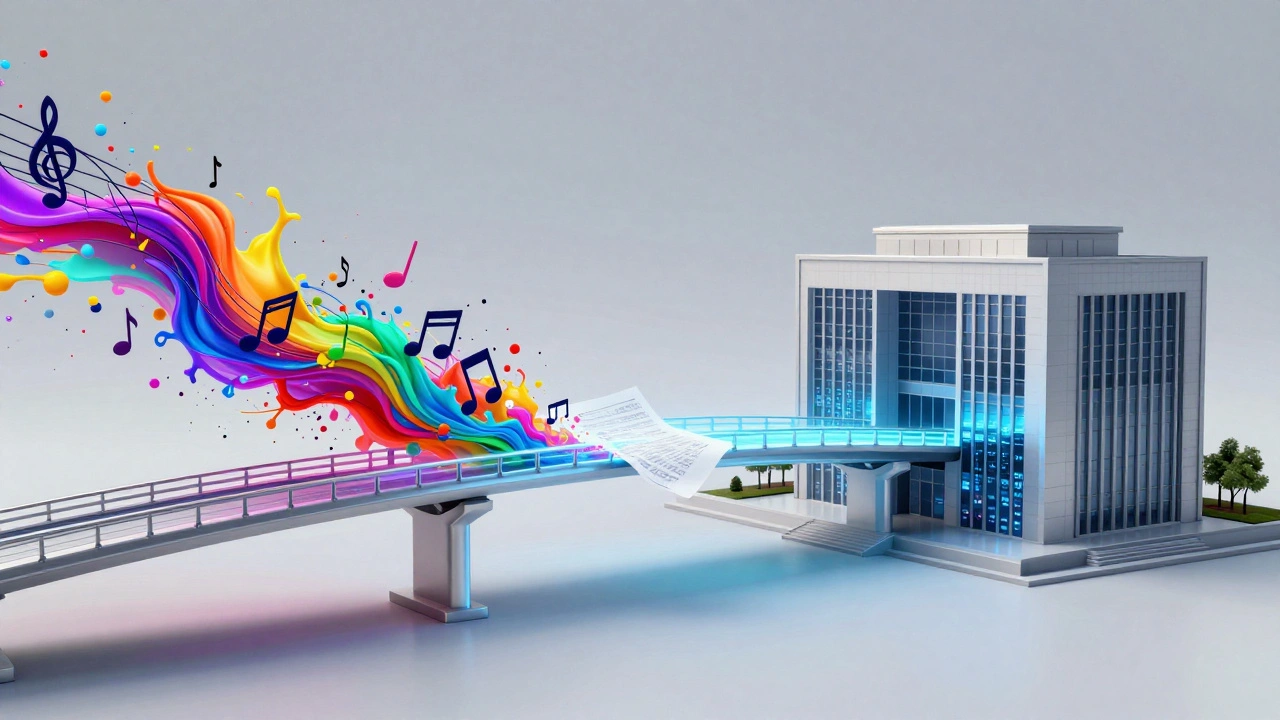 Conceptual illustration of a digital bridge connecting musical art to the music industry.