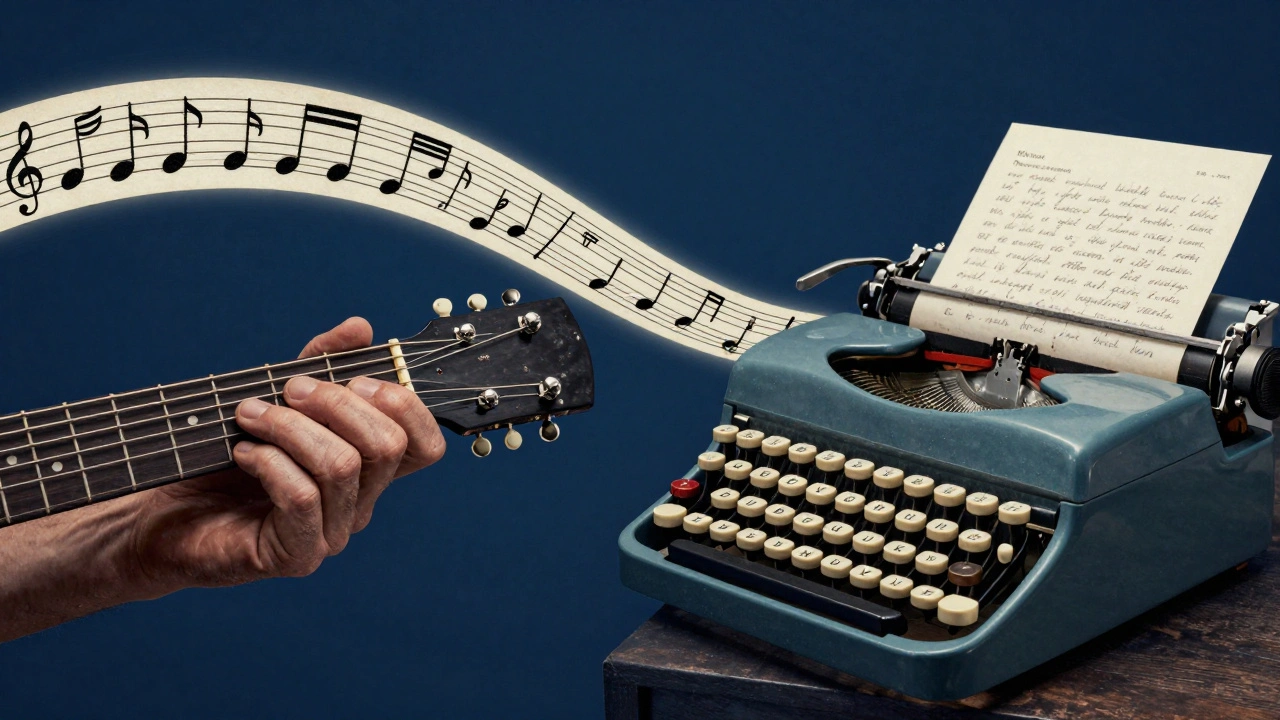 Conceptual image of a guitar slide and a typewriter representing music reviews