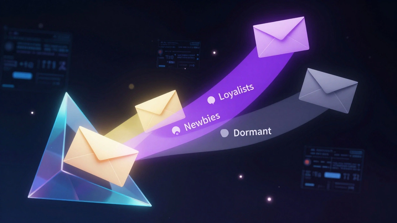 Digital emails passing through a prism and splitting into three different colored light beams.