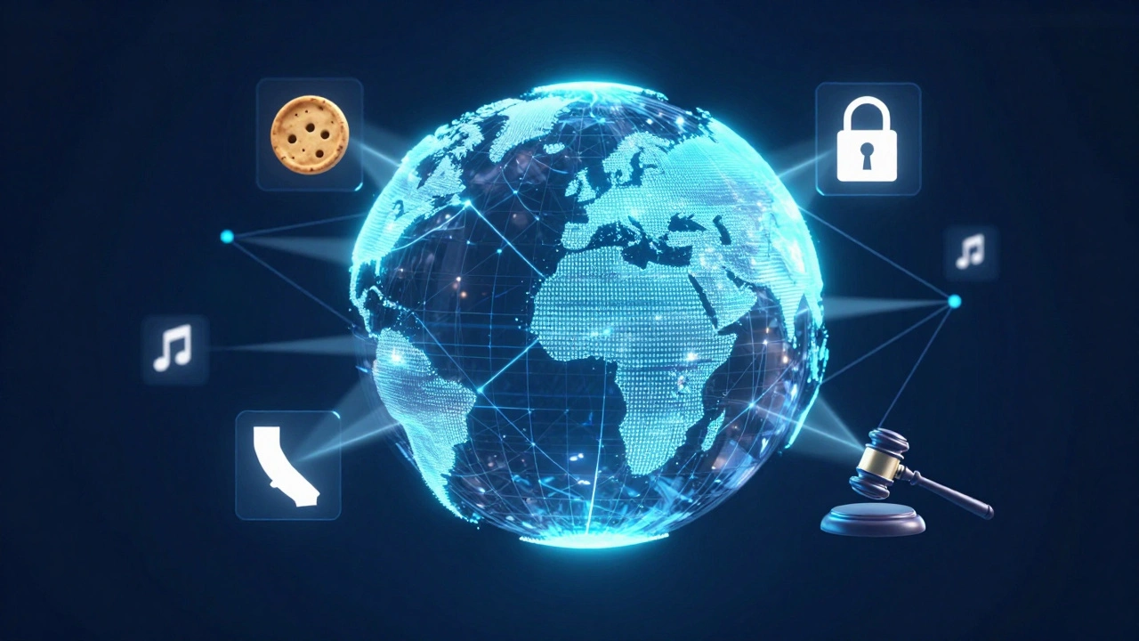 Digital globe with a lock and cookie icon symbolizing global privacy laws like GDPR and CCPA