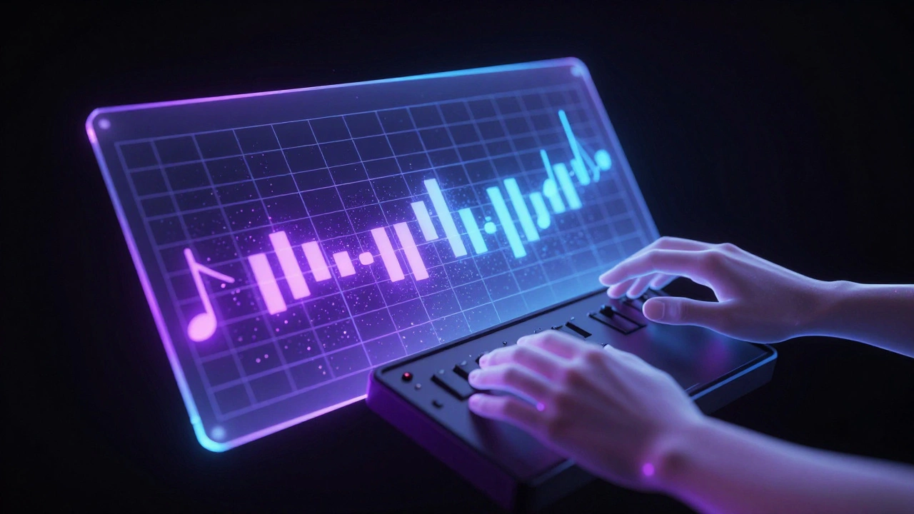 Glowing MIDI grid and ethereal hands playing electronic drum pads