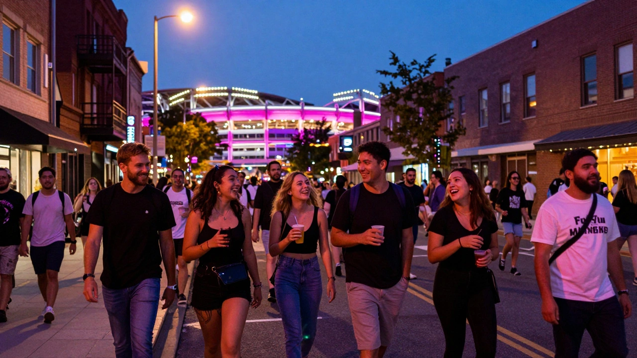 Group of music fans walking toward a glowing city arena at night.