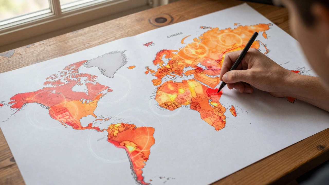 Hand placing tour markers on a map with digital heat-map overlays of listener density