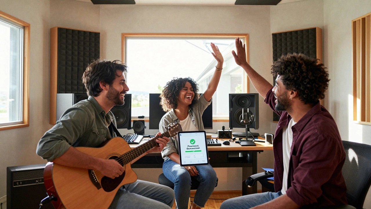 Happy musicians in a studio celebrating a successful automated payment