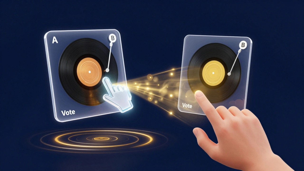 Holographic album covers with a digital vote button symbolizing co-creation