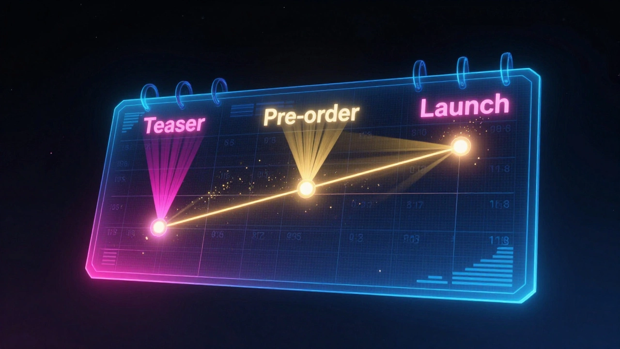 Holographic calendar showing a three-week music release timeline from teaser to launch