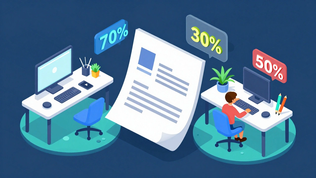 Isometric view of a contract acting as a bridge between a digital artist and a writer.