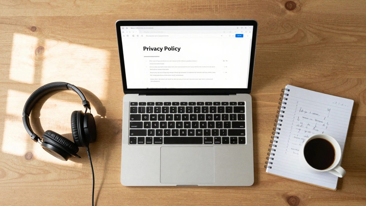 Laptop displaying a privacy policy page next to music production gear on a wooden desk