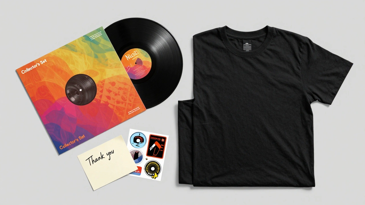 Music merchandise bundle including a vinyl record, t-shirt, stickers, and a handwritten note