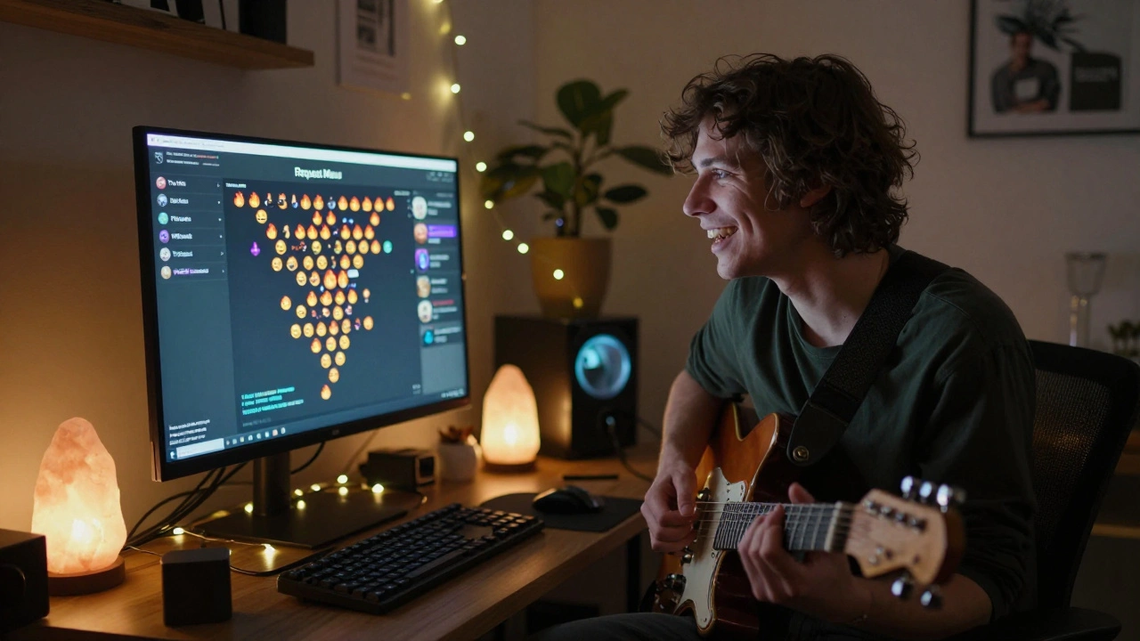 Musician performing a livestream with a request menu and fan chat on screen