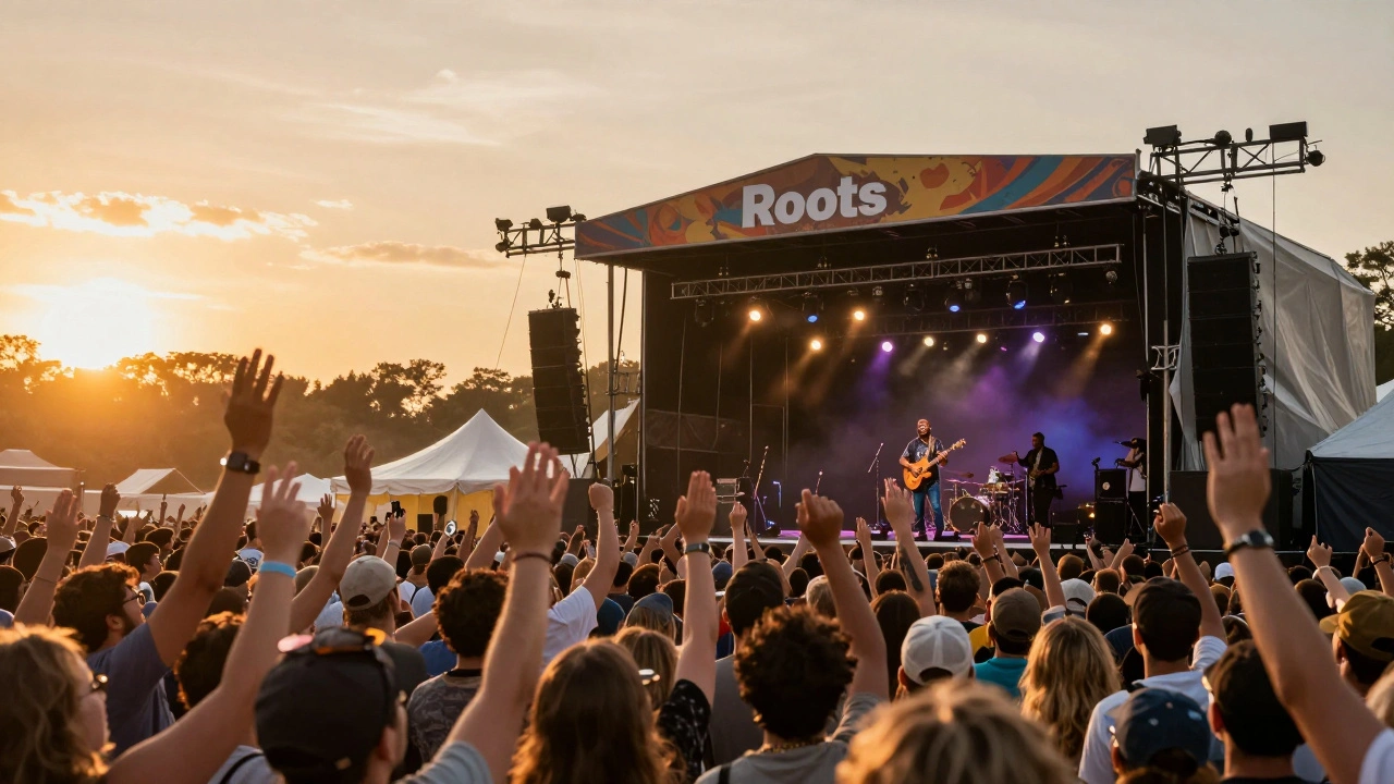 Musician performing on a large festival stage before a cheering crowd at sunset.